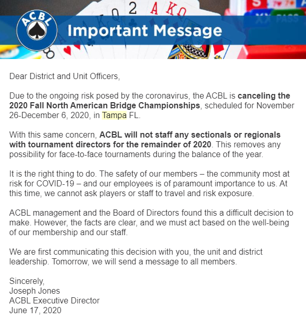 ACBL Cancels NABC, Live Regionals and Sectionals Through 2020 | Greater ...